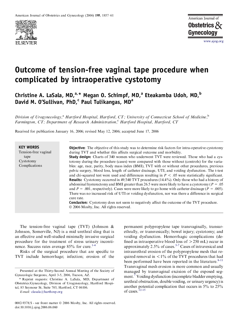 Outcome of tension-free vaginal tape procedure when complicated by intraoperative cystotomy 