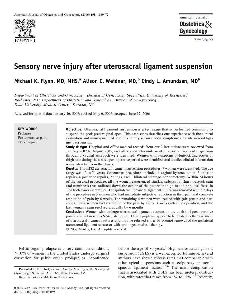 Sensory nerve injury after uterosacral ligament suspension 