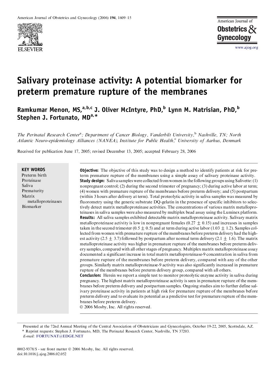 Salivary proteinase activity: A potential biomarker for preterm premature rupture of the membranes 