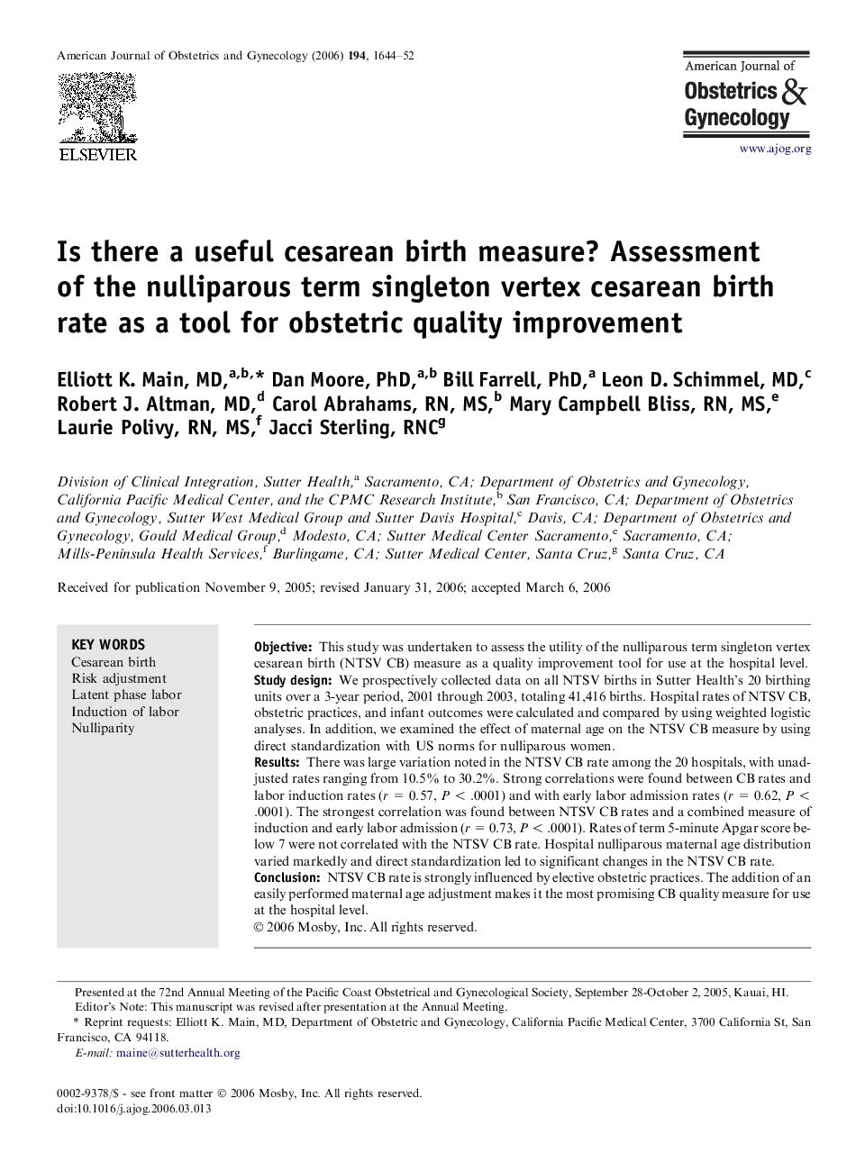 Is there a useful cesarean birth measure? Assessment of the nulliparous term singleton vertex cesarean birth rate as a tool for obstetric quality improvement 