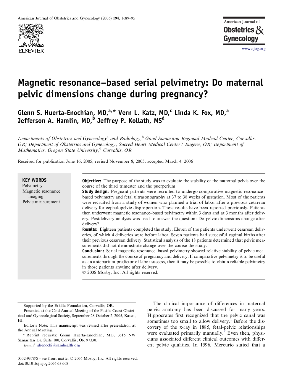 Magnetic resonance–based serial pelvimetry: Do maternal pelvic dimensions change during pregnancy? 