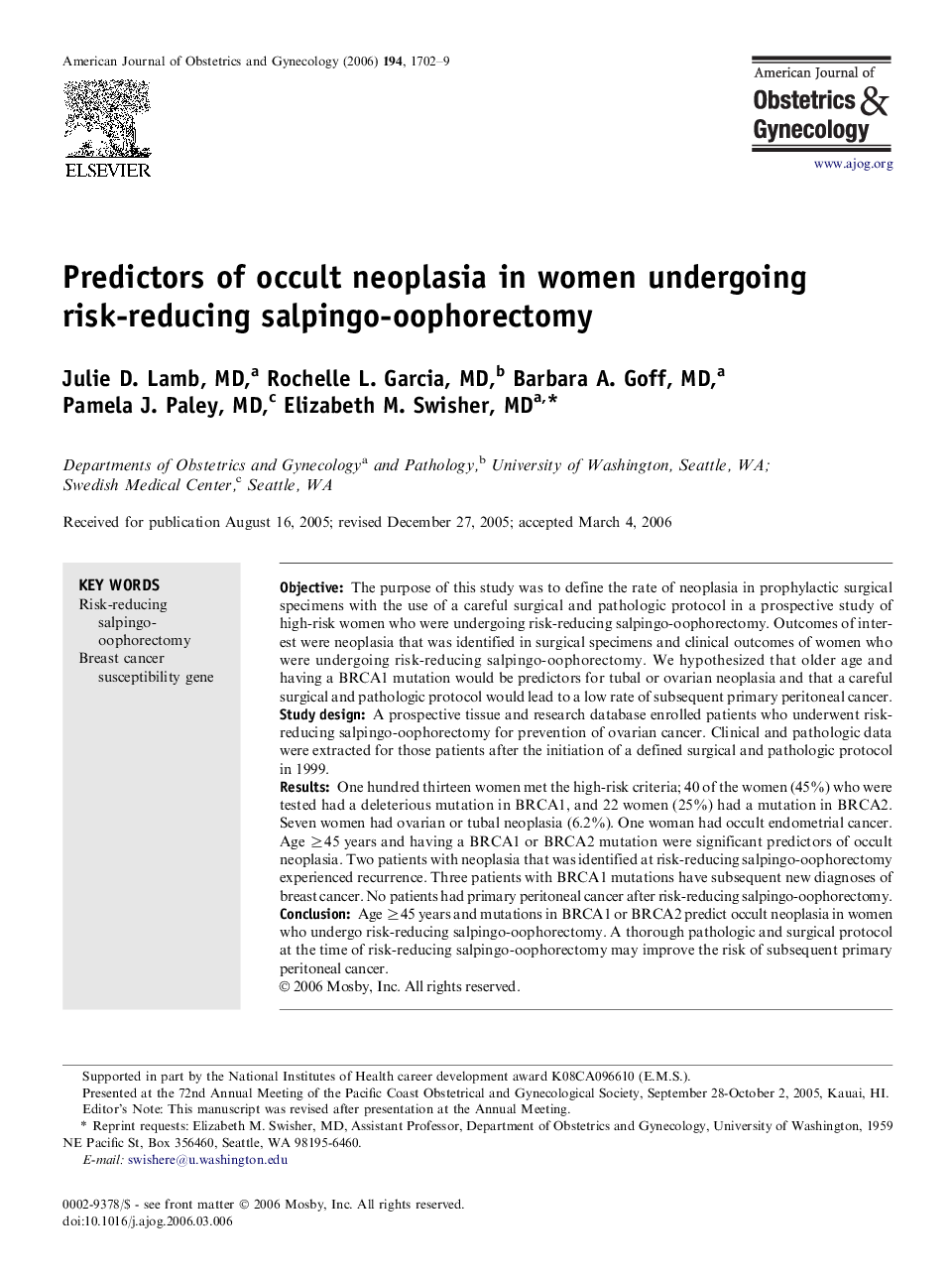 Predictors of occult neoplasia in women undergoing risk-reducing salpingo-oophorectomy 