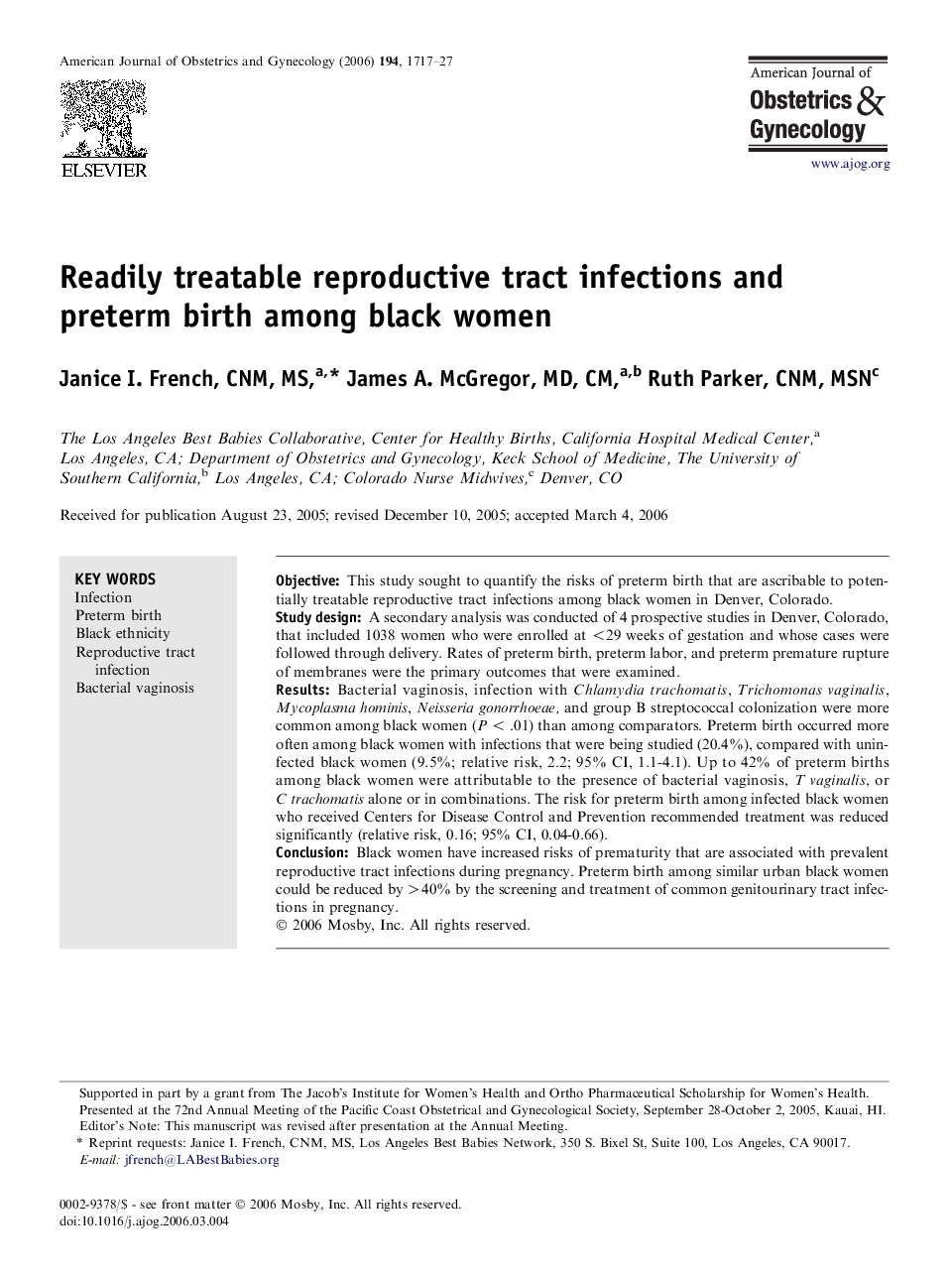 Readily treatable reproductive tract infections and preterm birth among black women