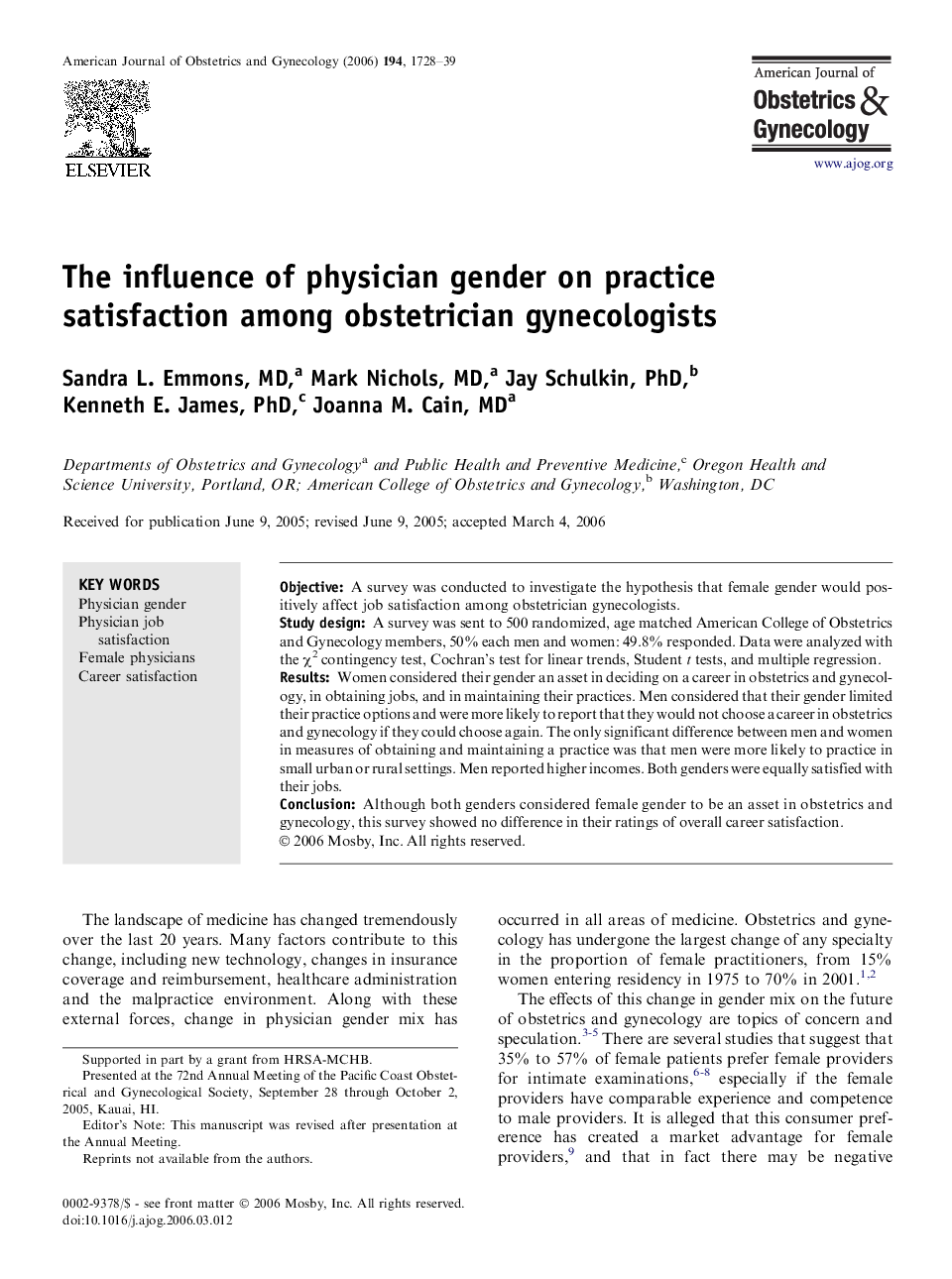 The influence of physician gender on practice satisfaction among obstetrician gynecologists 