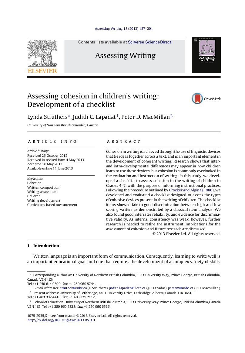 Assessing cohesion in children’s writing: Development of a checklist