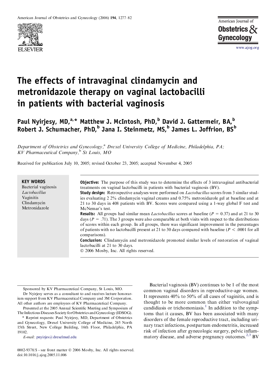 The effects of intravaginal clindamycin and metronidazole therapy on vaginal lactobacilli in patients with bacterial vaginosis 