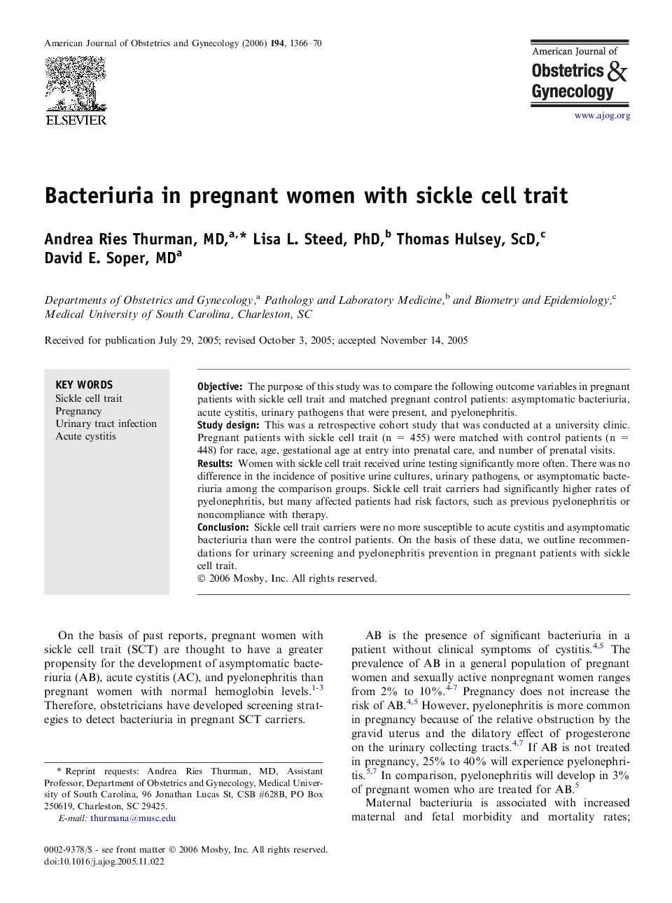 Bacteriuria in pregnant women with sickle cell trait