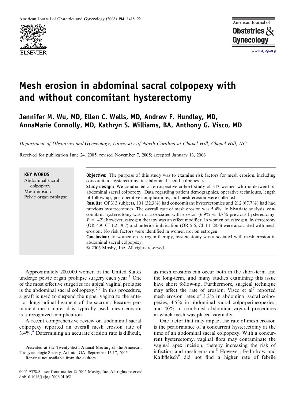 Mesh erosion in abdominal sacral colpopexy with and without concomitant hysterectomy 