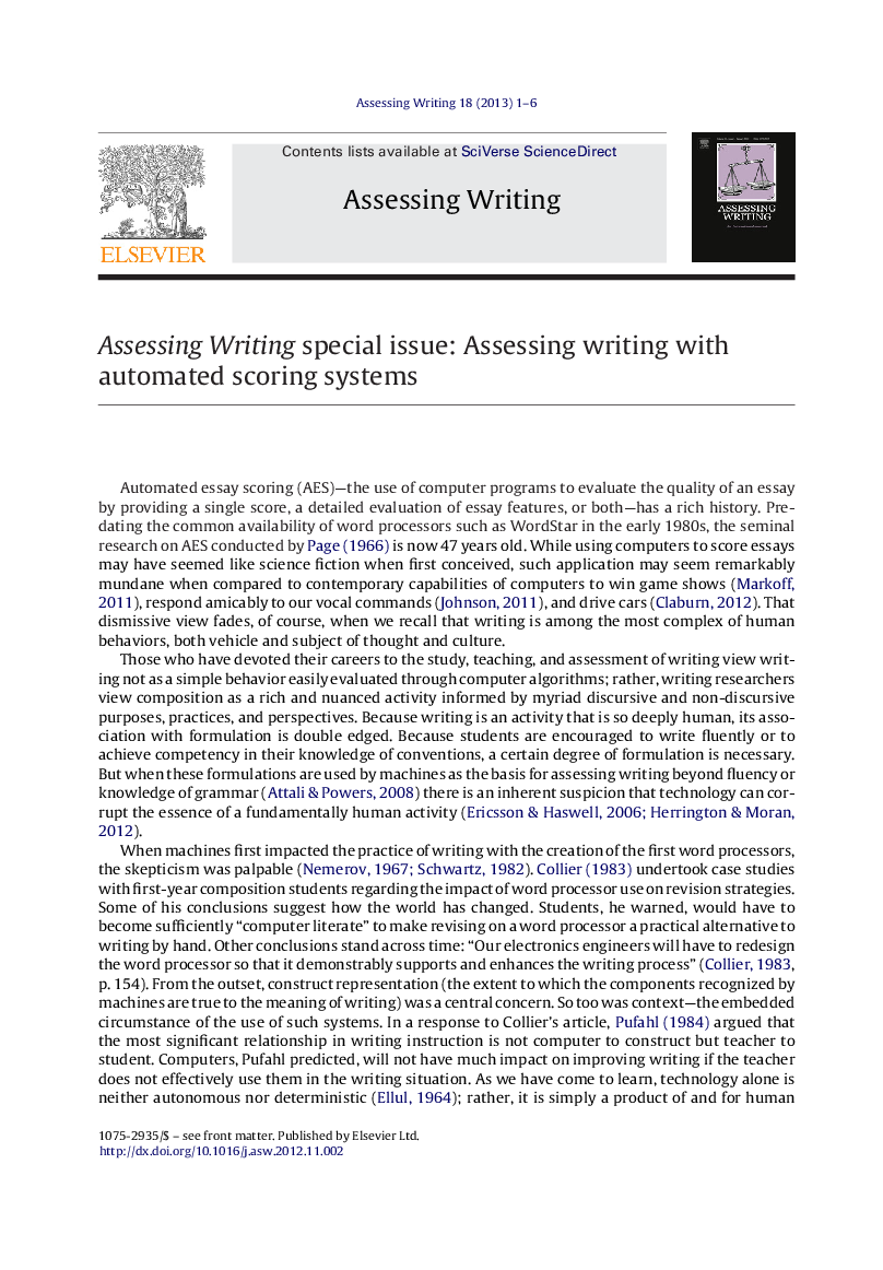 Assessing Writing special issue: Assessing writing with automated scoring systems