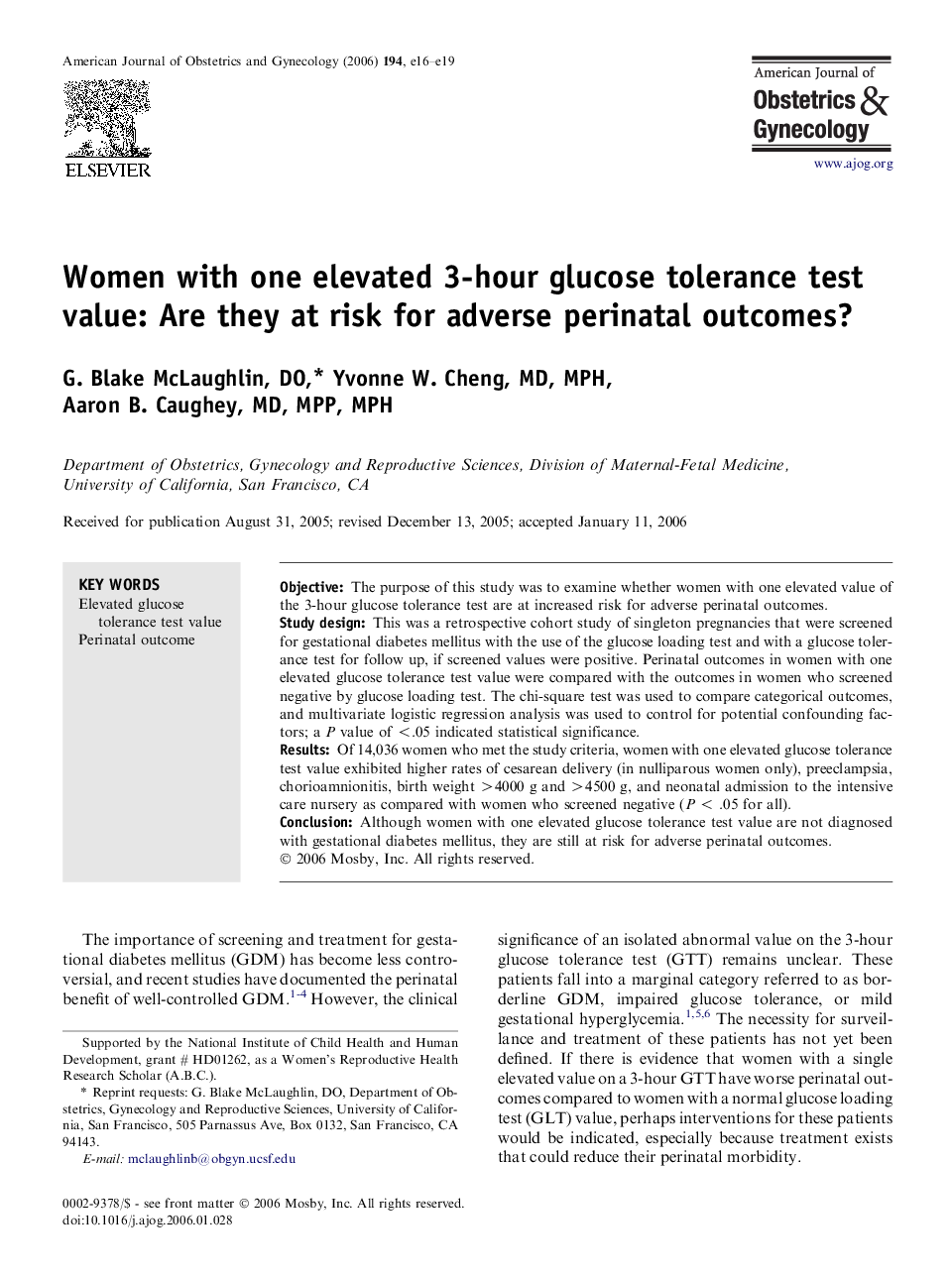 Women with one elevated 3-hour glucose tolerance test value: Are they at risk for adverse perinatal outcomes? 