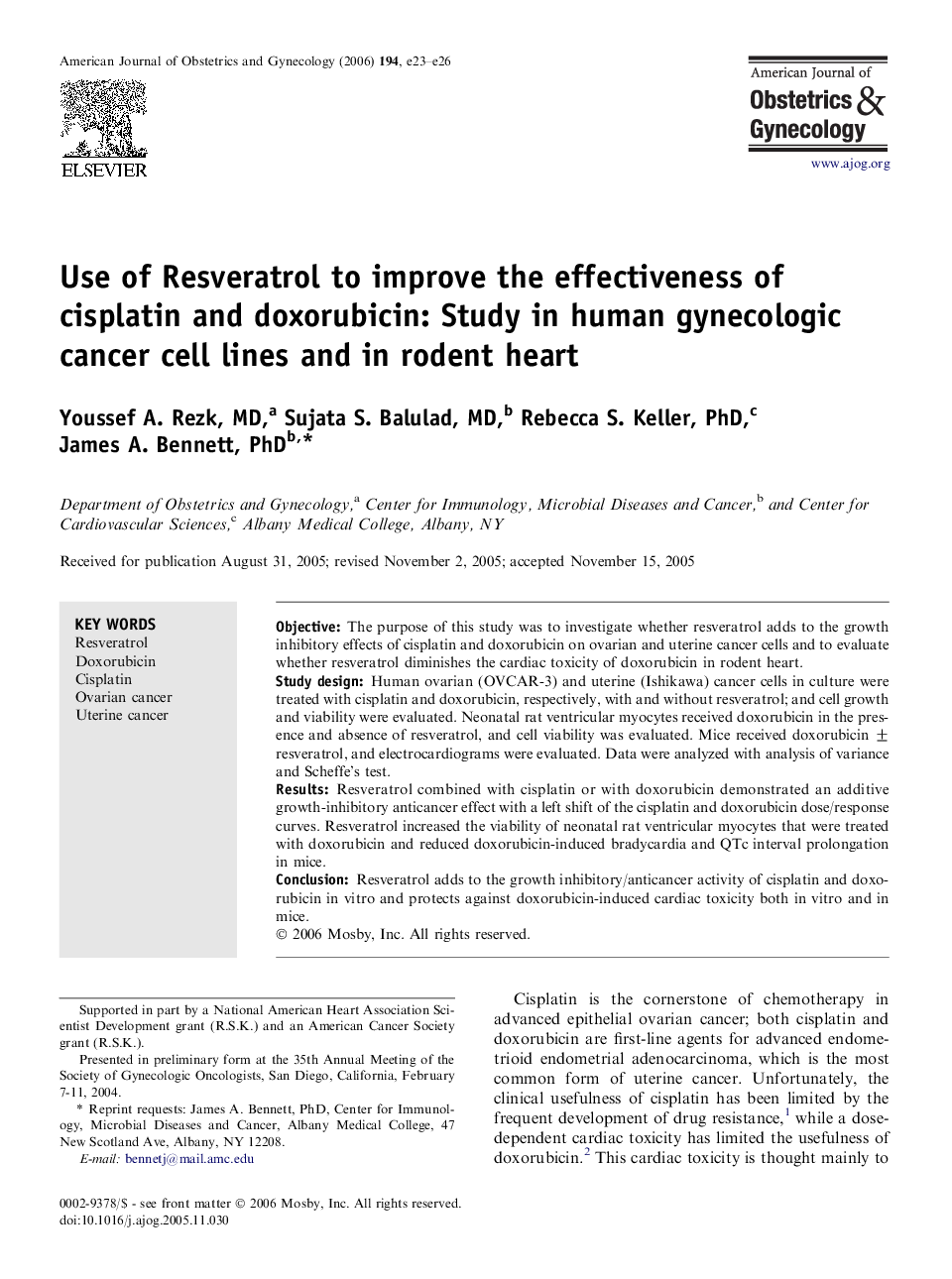 Use of Resveratrol to improve the effectiveness of cisplatin and doxorubicin: Study in human gynecologic cancer cell lines and in rodent heart 