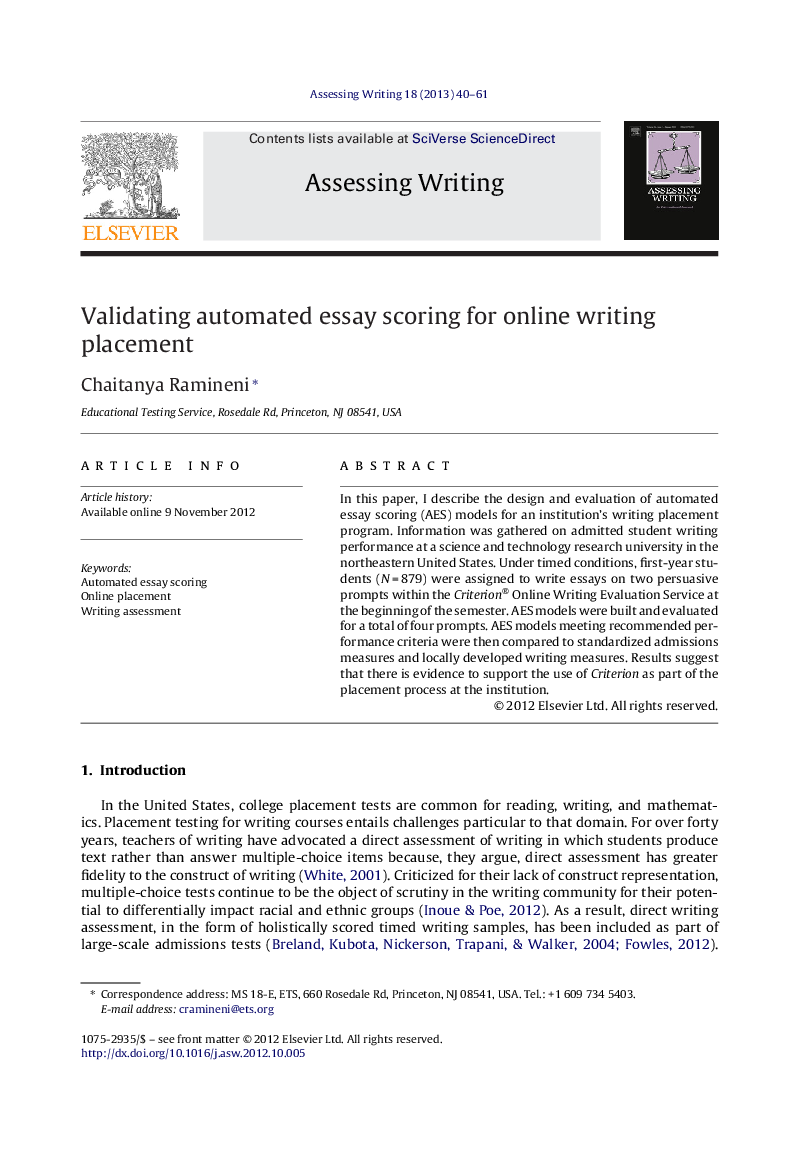 Validating automated essay scoring for online writing placement