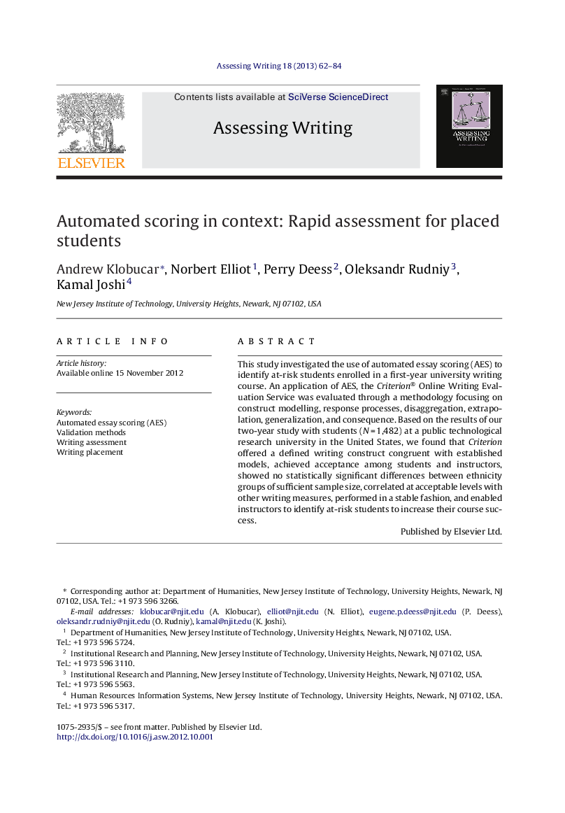 Automated scoring in context: Rapid assessment for placed students