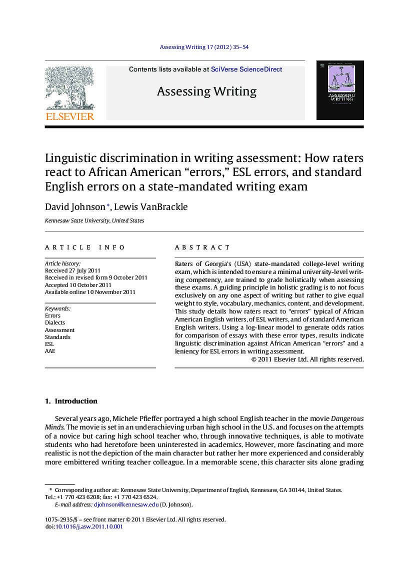 Linguistic discrimination in writing assessment: How raters react to African American “errors,” ESL errors, and standard English errors on a state-mandated writing exam