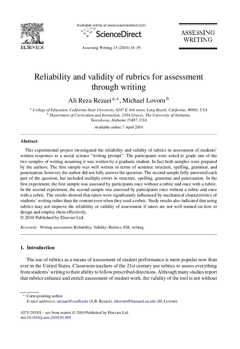 Reliability and validity of rubrics for assessment through writing