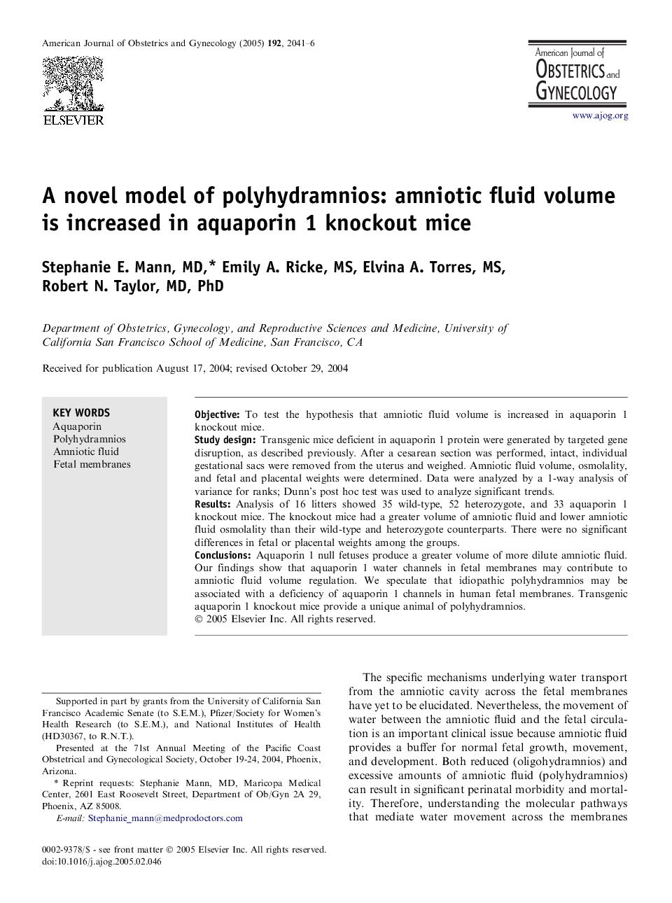 A novel model of polyhydramnios: amniotic fluid volume is increased in aquaporin 1 knockout mice 