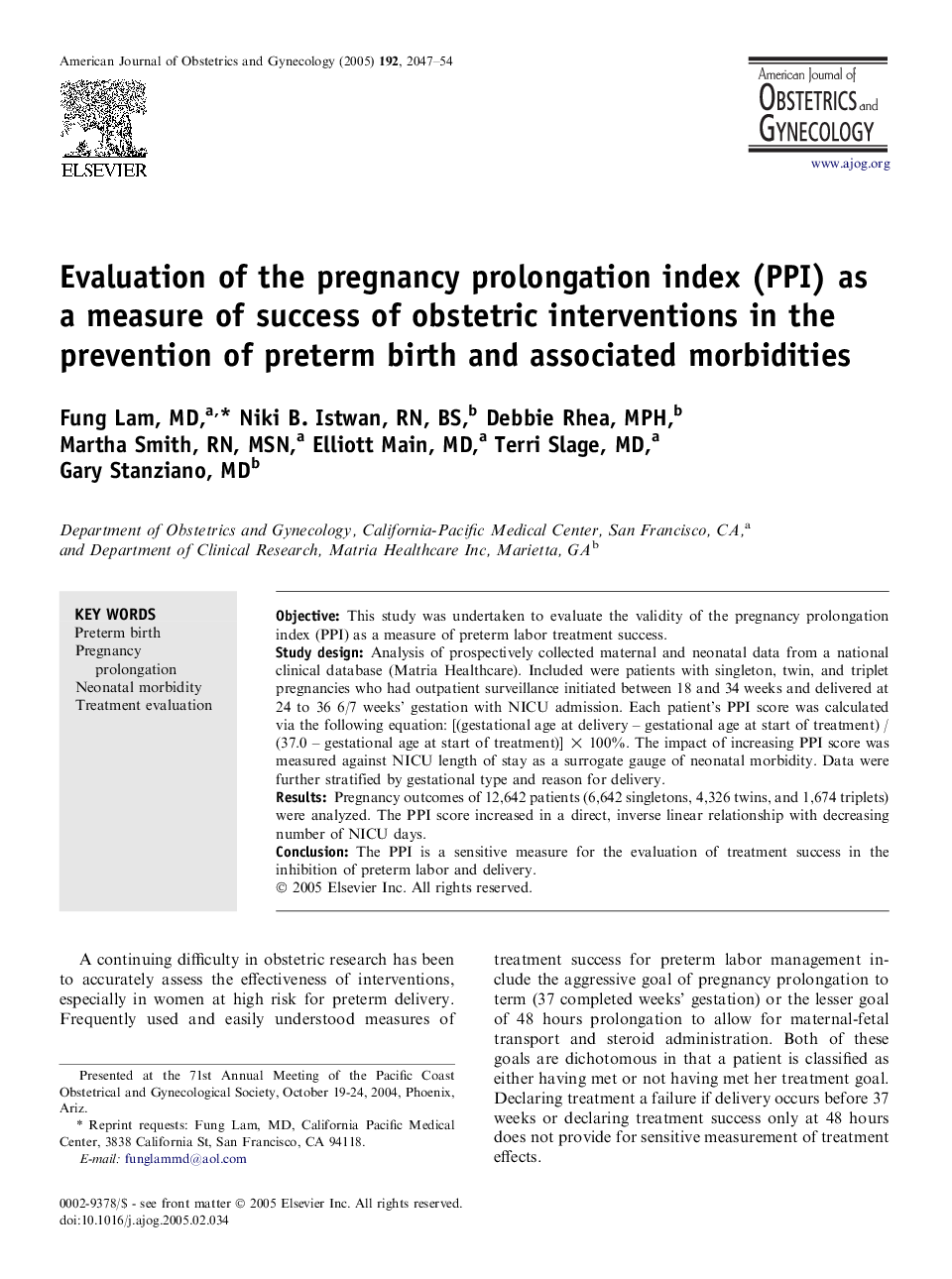 Evaluation of the pregnancy prolongation index (PPI) as a measure of success of obstetric interventions in the prevention of preterm birth and associated morbidities 