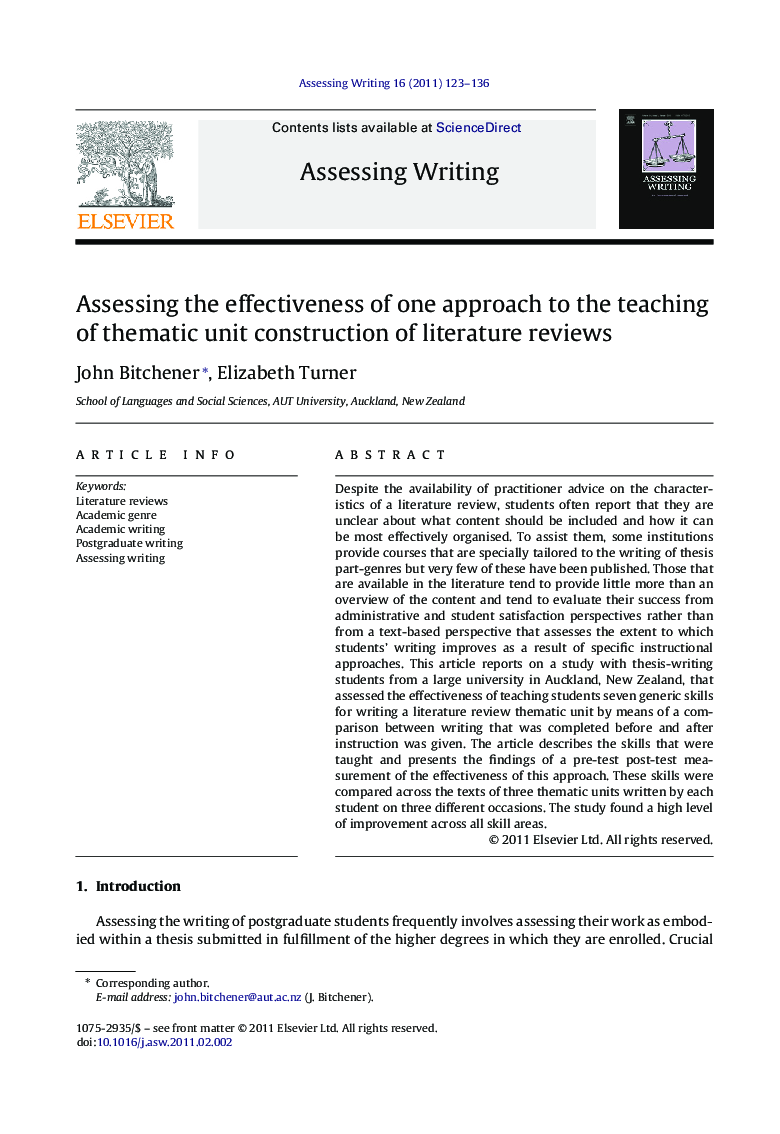 Assessing the effectiveness of one approach to the teaching of thematic unit construction of literature reviews