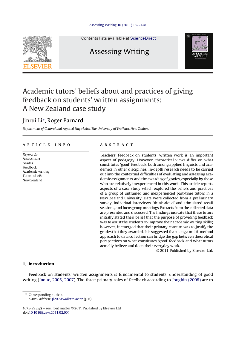 Academic tutors’ beliefs about and practices of giving feedback on students’ written assignments: A New Zealand case study