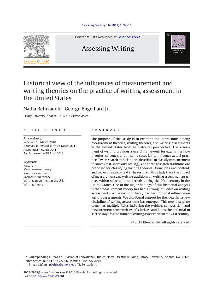 Historical view of the influences of measurement and writing theories on the practice of writing assessment in the United States