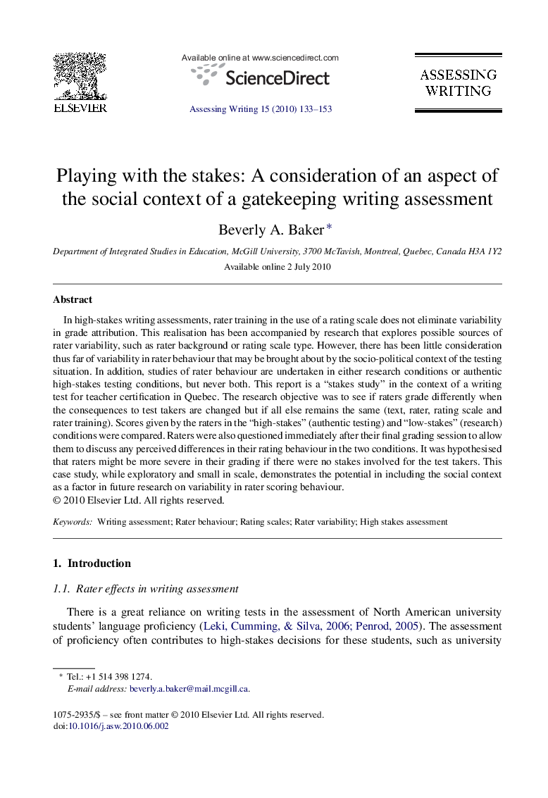 Playing with the stakes: A consideration of an aspect of the social context of a gatekeeping writing assessment