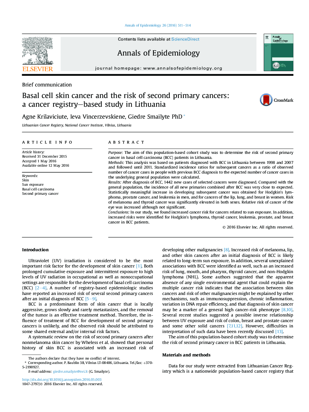 Basal cell skin cancer and the risk of second primary cancers: a cancer registry–based study in Lithuania 