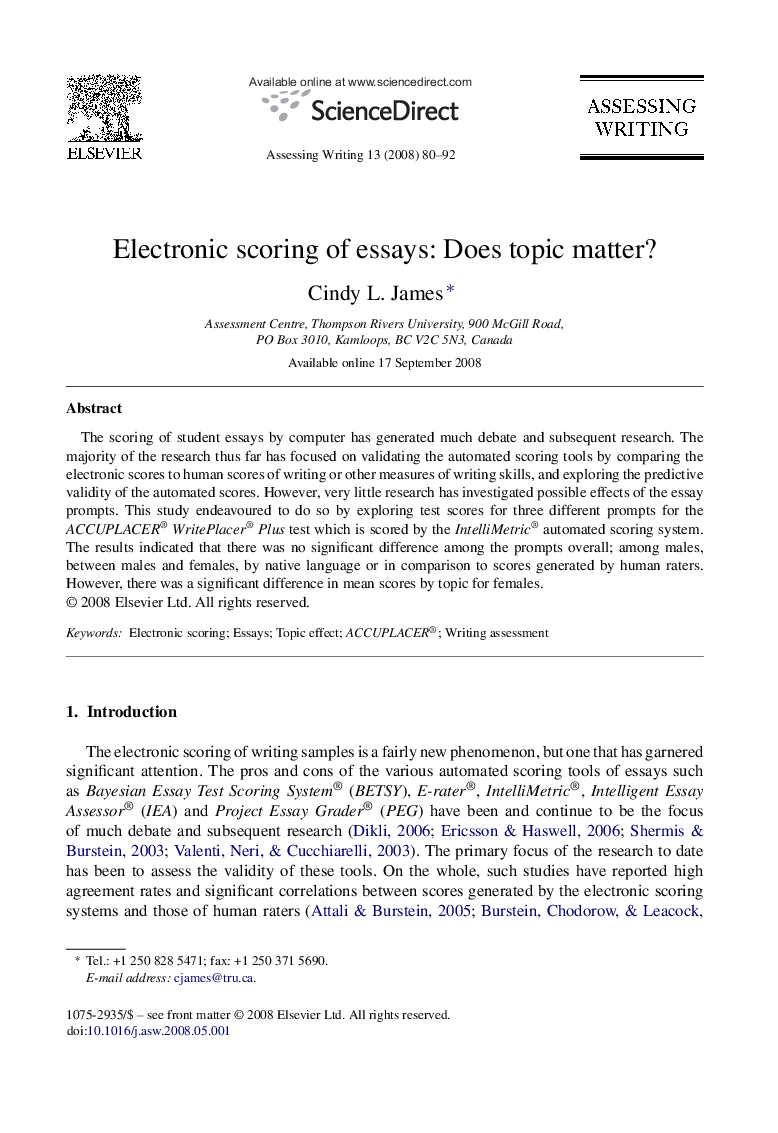 Electronic scoring of essays: Does topic matter?