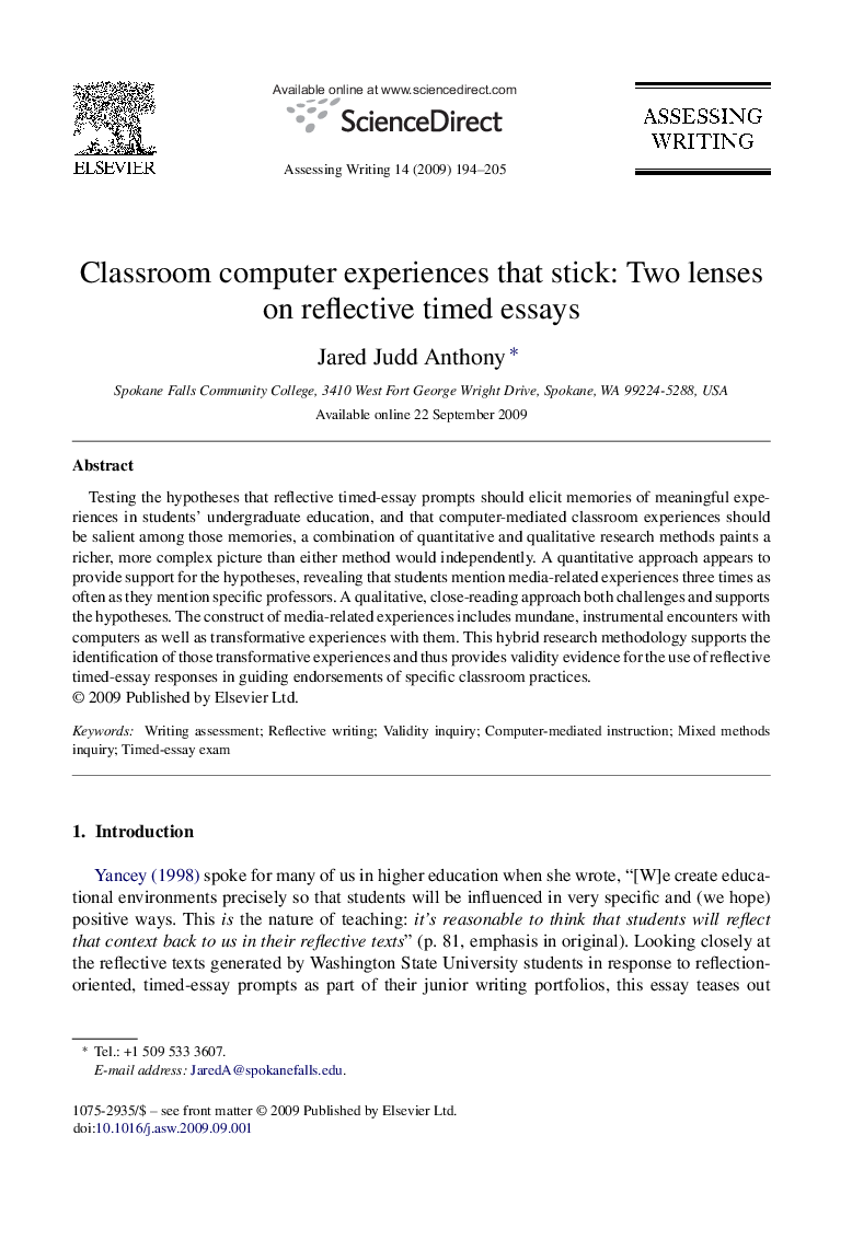 Classroom computer experiences that stick: Two lenses on reflective timed essays