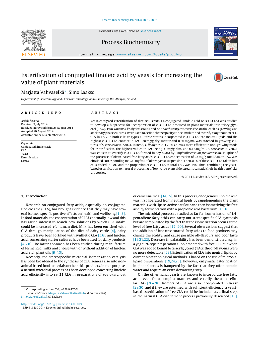 Esterification of conjugated linoleic acid by yeasts for increasing the value of plant materials