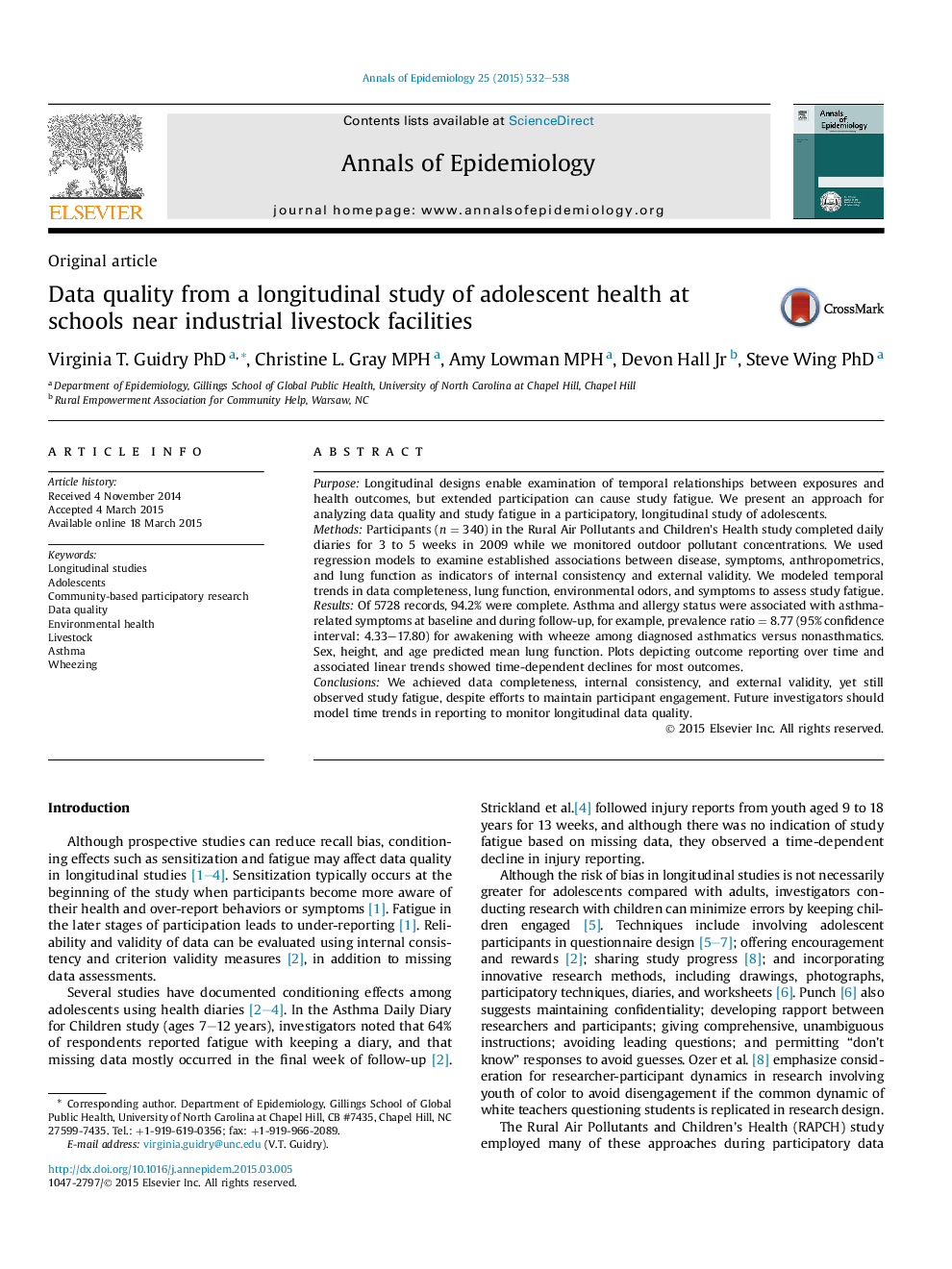 Data quality from a longitudinal study of adolescent health at schools near industrial livestock facilities