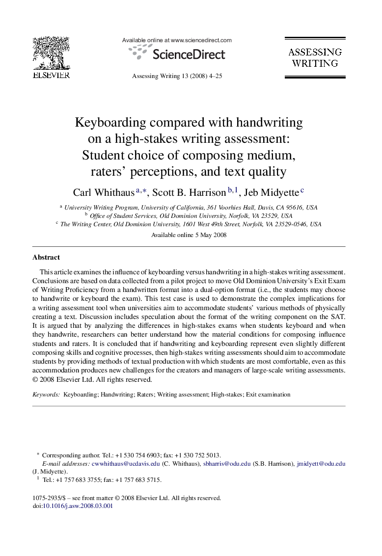 Keyboarding compared with handwriting on a high-stakes writing assessment: Student choice of composing medium, raters’ perceptions, and text quality