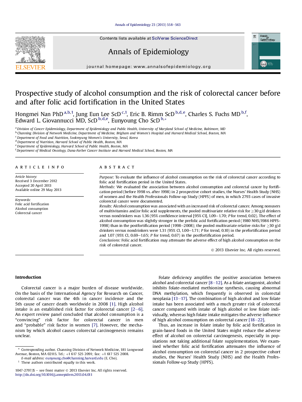 Prospective study of alcohol consumption and the risk of colorectal cancer before and after folic acid fortification in the United States