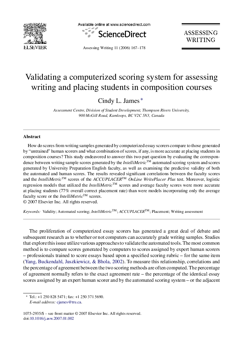 Validating a computerized scoring system for assessing writing and placing students in composition courses