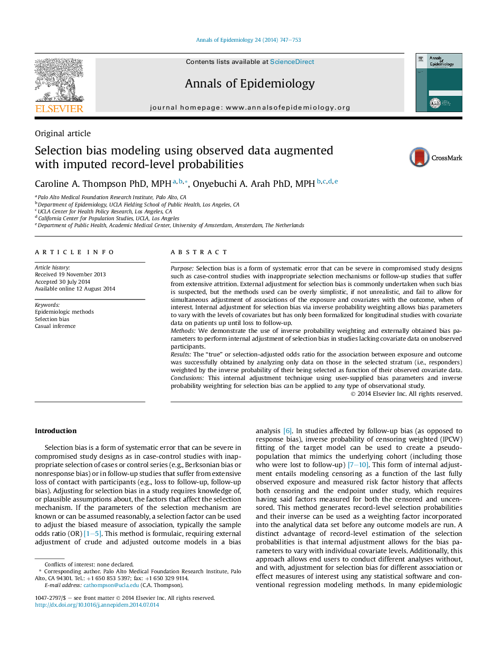 Selection bias modeling using observed data augmented with imputed record-level probabilities 