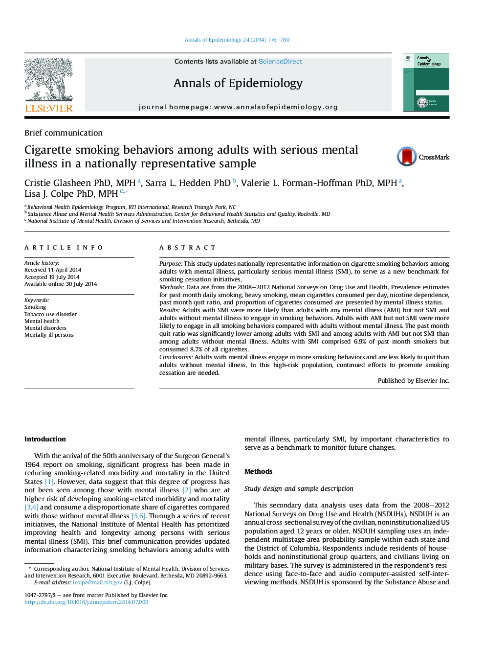 Cigarette smoking behaviors among adults with serious mental illness in a nationally representative sample