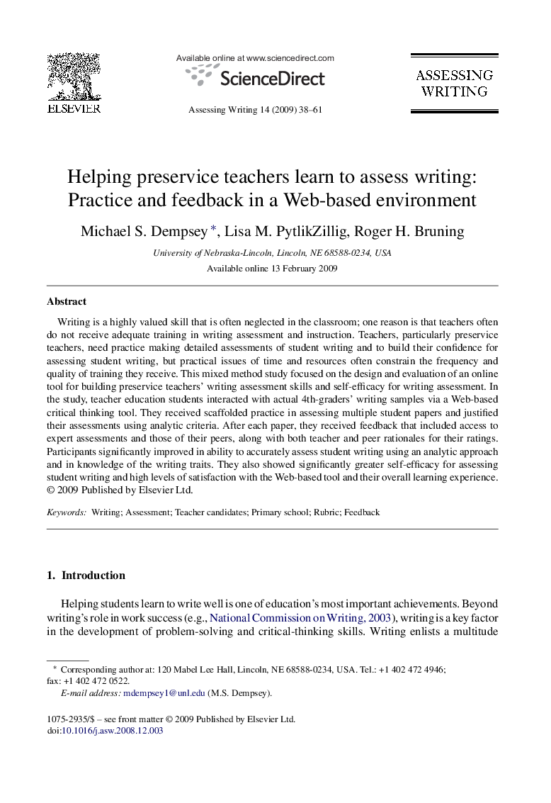 Helping preservice teachers learn to assess writing: Practice and feedback in a Web-based environment
