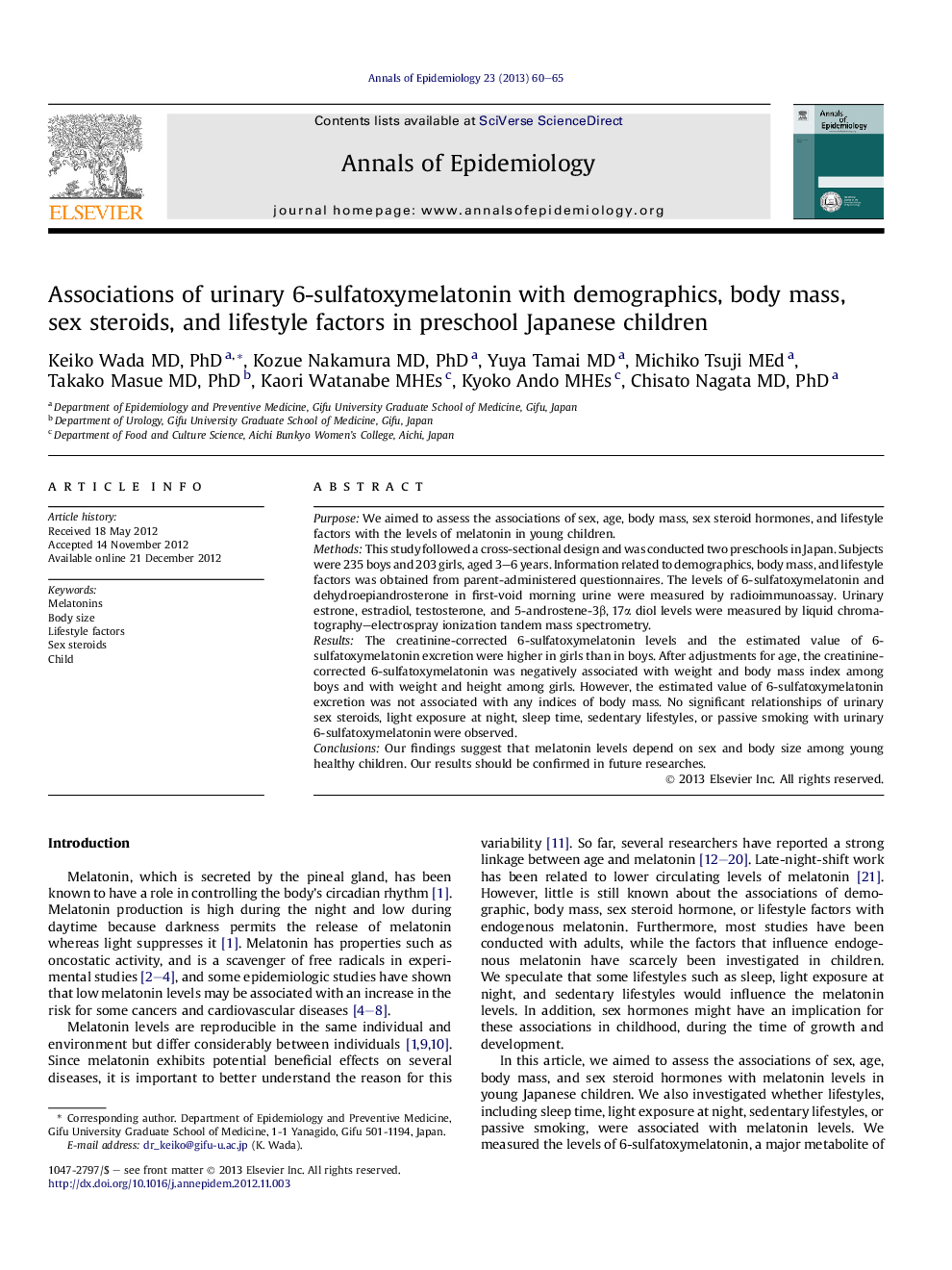 Associations of urinary 6-sulfatoxymelatonin with demographics, body mass, sex steroids, and lifestyle factors in preschool Japanese children