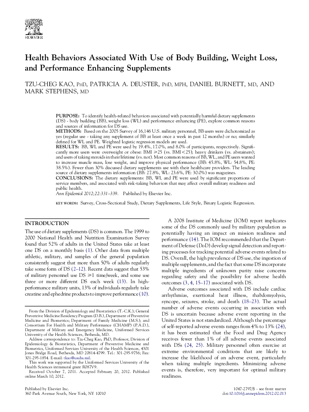 Health Behaviors Associated With Use of Body Building, Weight Loss, and Performance Enhancing Supplements 