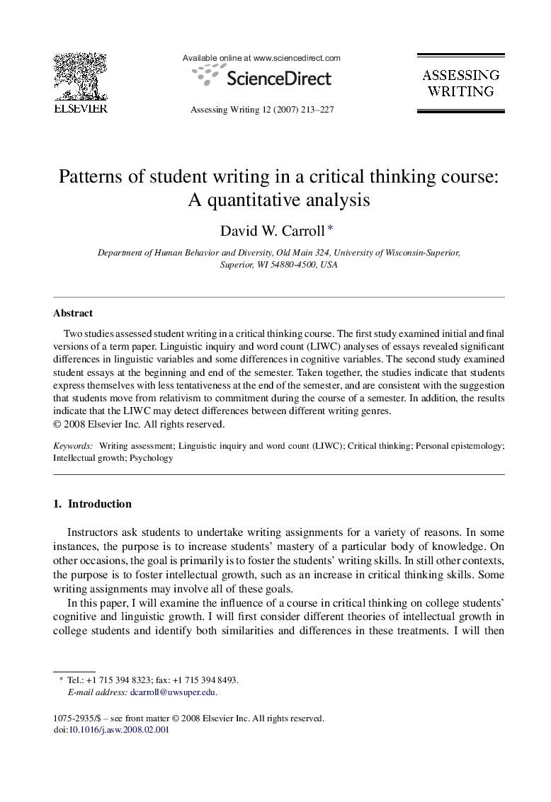 Patterns of student writing in a critical thinking course: A quantitative analysis