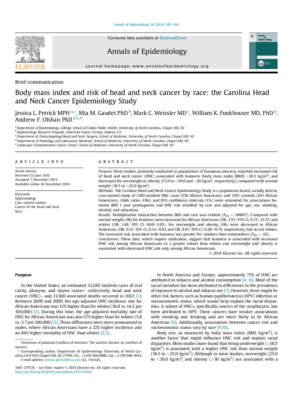 Body mass index and risk of head and neck cancer by race: the Carolina Head and Neck Cancer Epidemiology Study