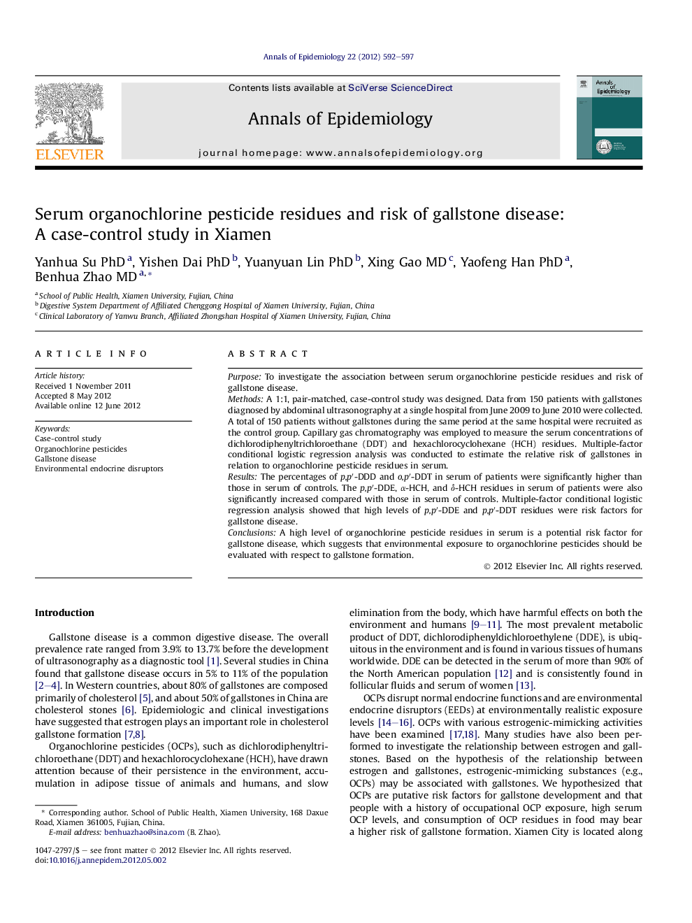 Serum organochlorine pesticide residues and risk of gallstone disease: A case-control study in Xiamen