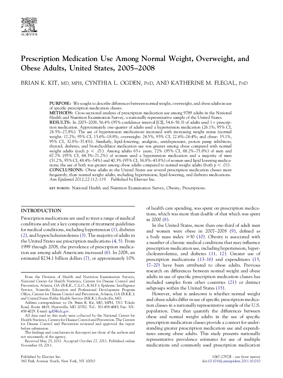 Prescription Medication Use Among Normal Weight, Overweight, and Obese Adults, United States, 2005–2008 