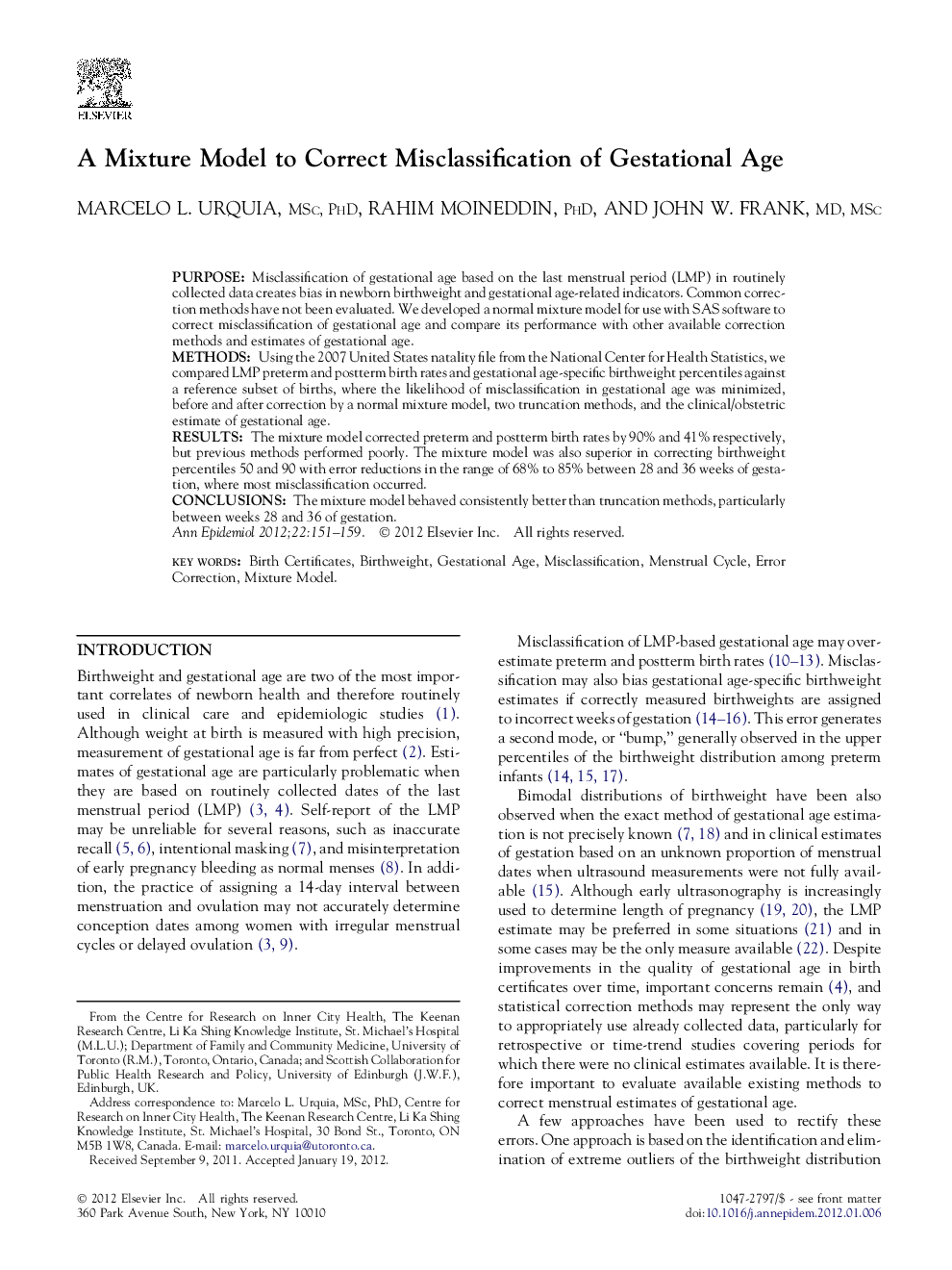 A Mixture Model to Correct Misclassification of Gestational Age