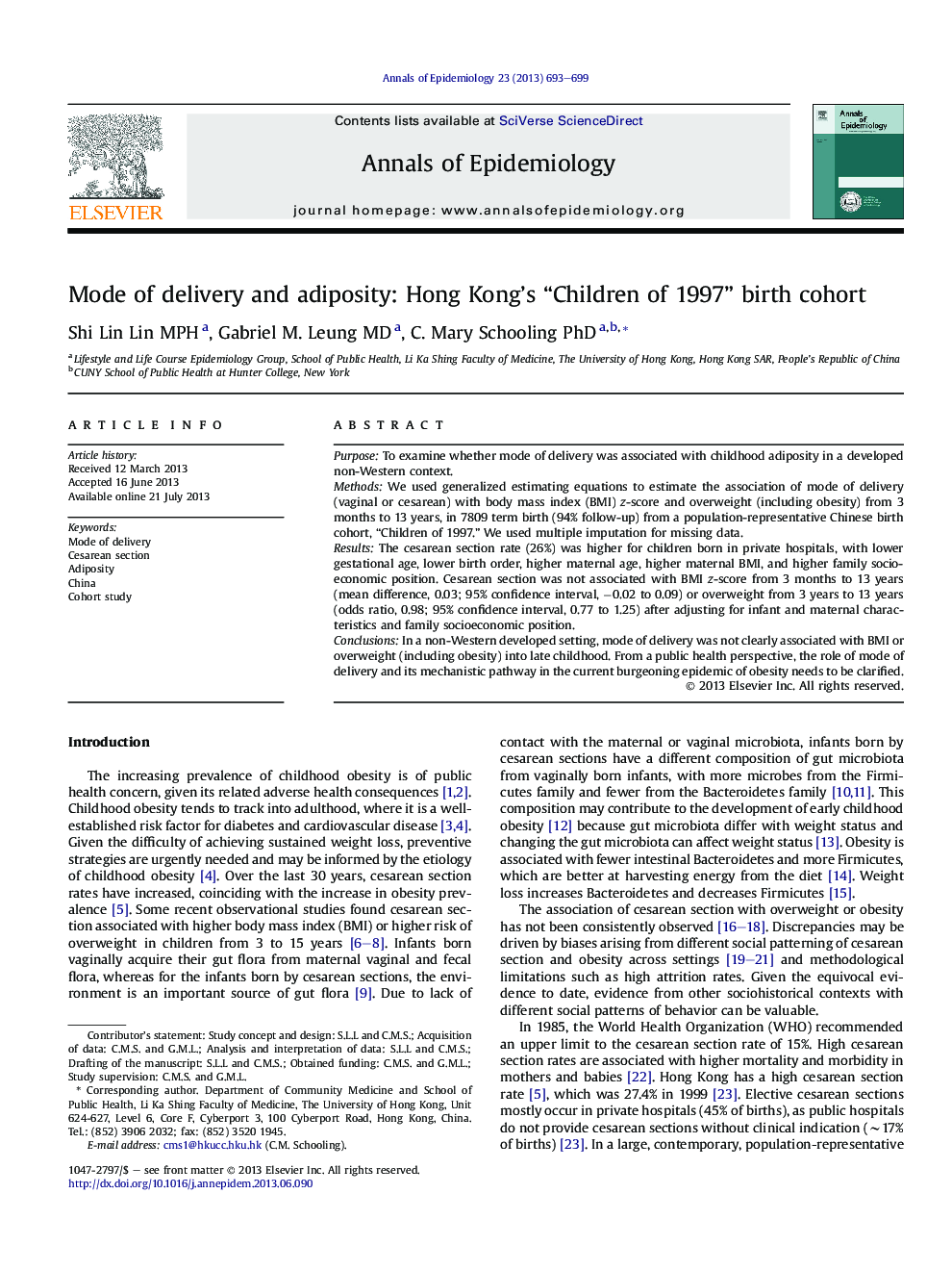 Mode of delivery and adiposity: Hong Kong's “Children of 1997” birth cohort 