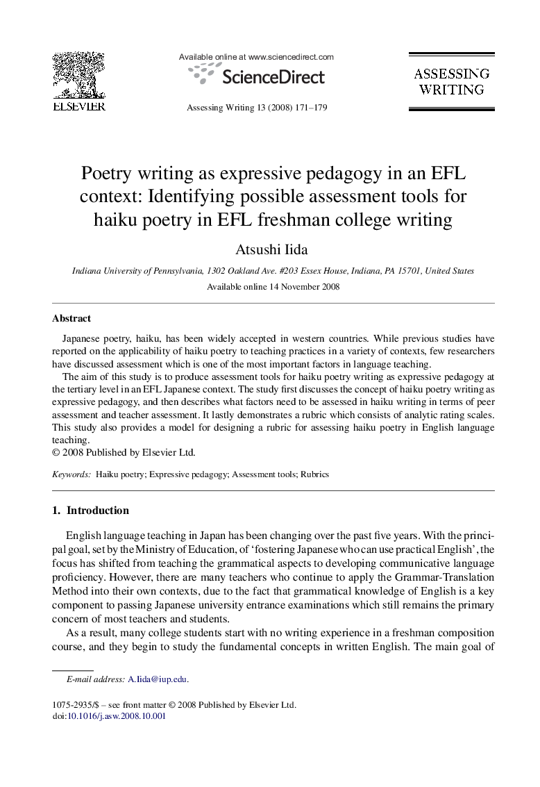 Poetry writing as expressive pedagogy in an EFL context: Identifying possible assessment tools for haiku poetry in EFL freshman college writing