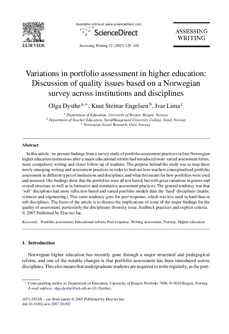 Variations in portfolio assessment in higher education: Discussion of quality issues based on a Norwegian survey across institutions and disciplines