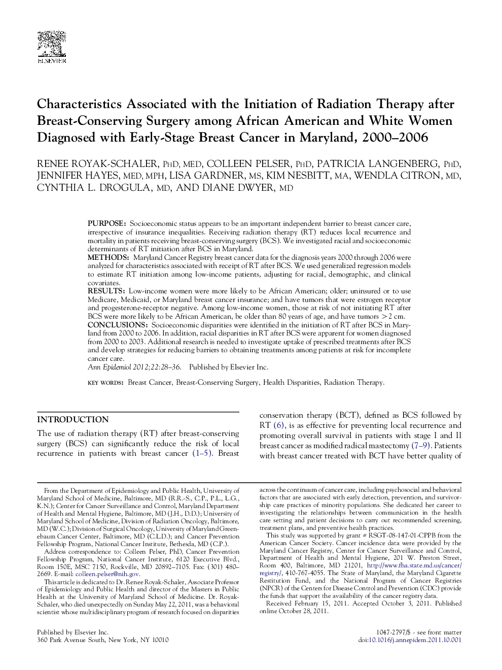 Characteristics Associated with the Initiation of Radiation Therapy after Breast-Conserving Surgery among African American and White Women Diagnosed with Early-Stage Breast Cancer in Maryland, 2000–2006 