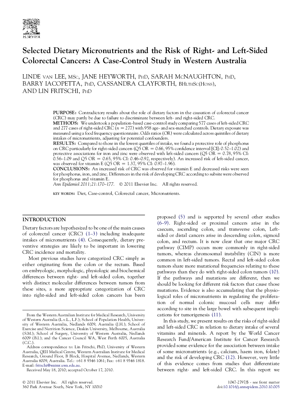 Selected Dietary Micronutrients and the Risk of Right- and Left-Sided Colorectal Cancers: A Case-Control Study in Western Australia