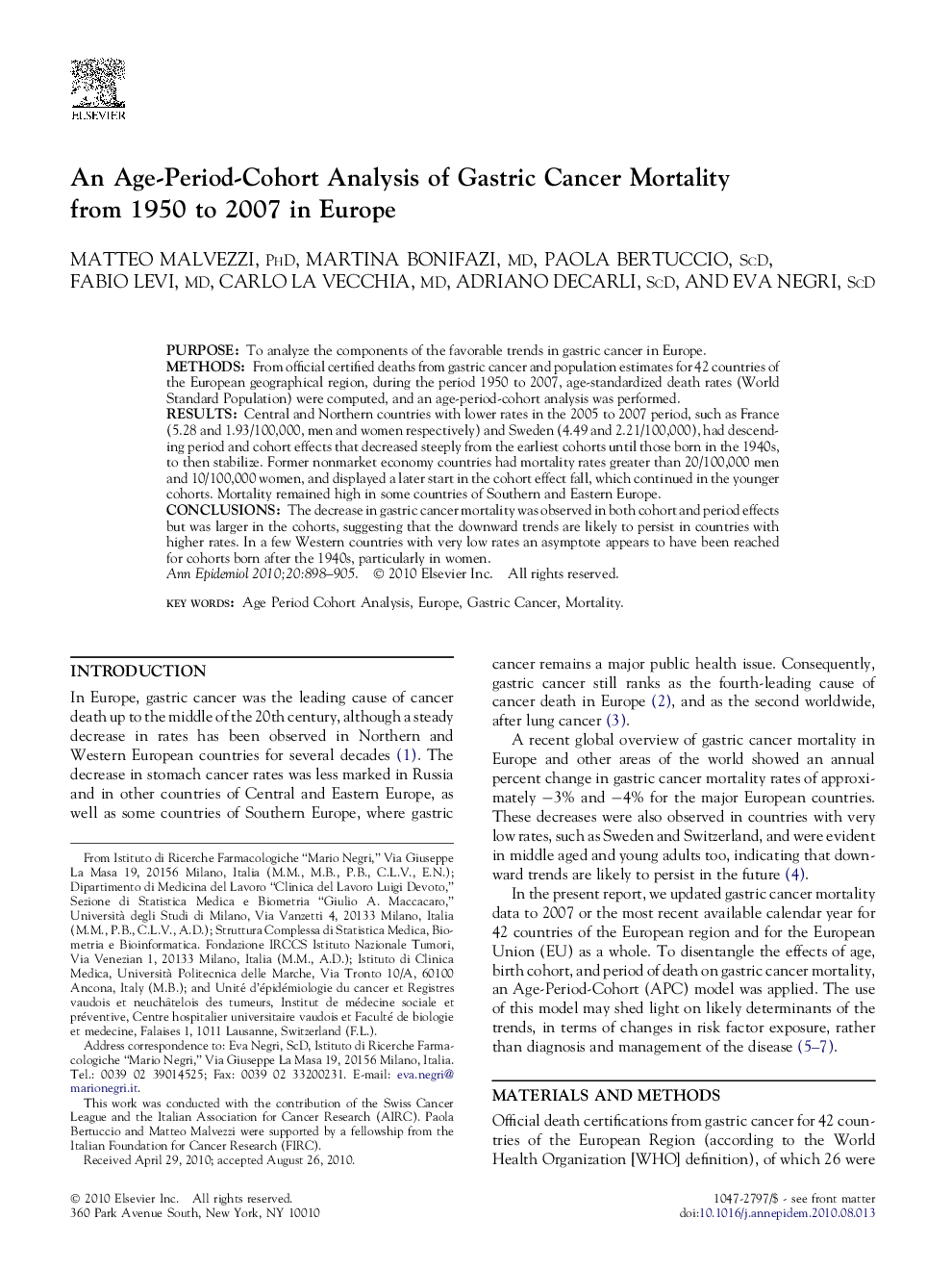 An Age-Period-Cohort Analysis of Gastric Cancer Mortality from 1950 to 2007 in Europe 