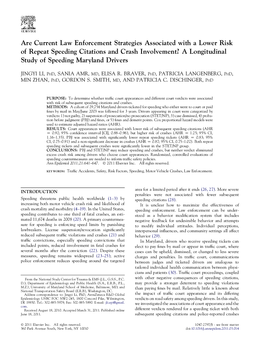 Are Current Law Enforcement Strategies Associated with a Lower Risk of Repeat Speeding Citations and Crash Involvement? A Longitudinal Study of Speeding Maryland Drivers